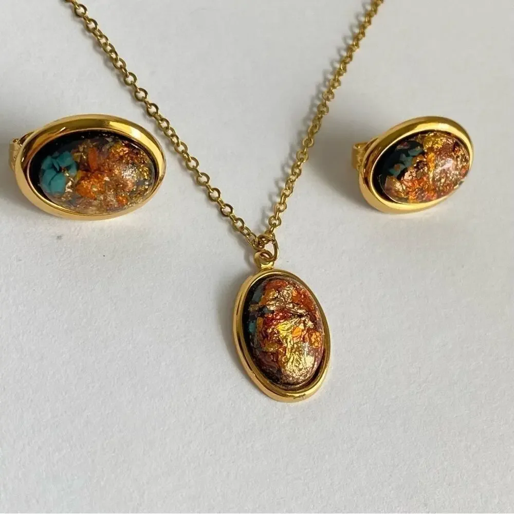 Vintage 60s Dragons Breath Necklace Earrings‎ Set Gold Tone Clip On Estate Piece